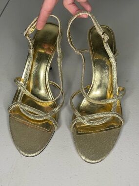 Jessica Bennett Solid Shiny Gold Strappy Slingback Heels